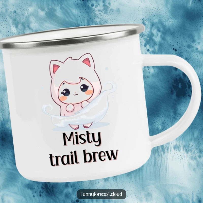 Funny enamel camping mug featuring a fog character playfully peeking from mist, perfect for outdoor enjoyment.