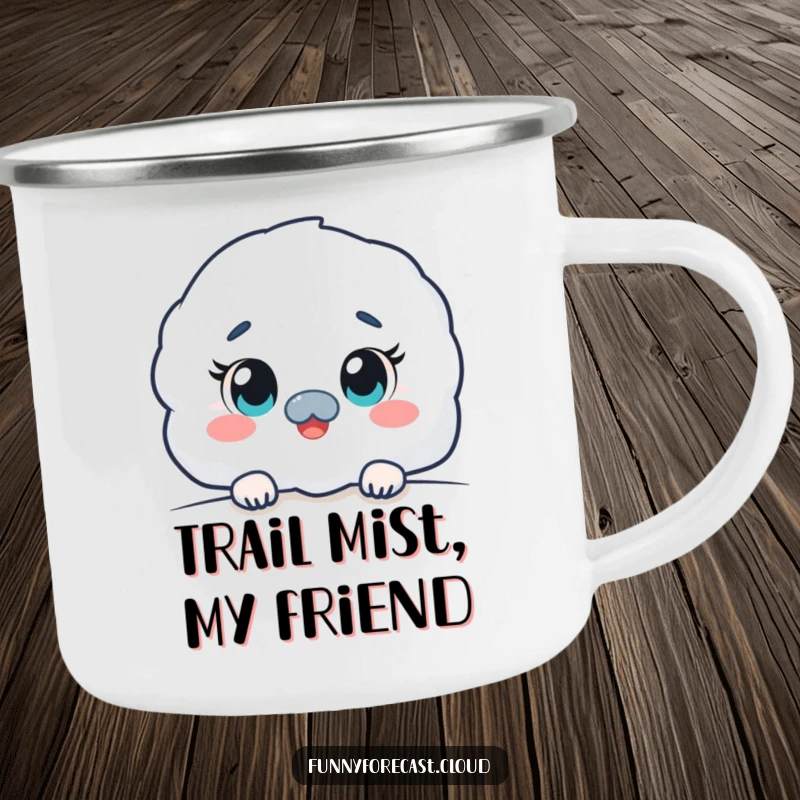 Funny kawaii fog character camping mug, peeking with curious eyes, durable and humorous outdoor mug for adventures.