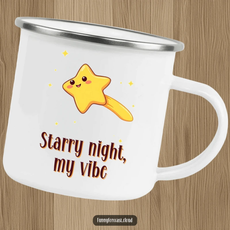 Funny kawaii shooting star character camping mug, zooming with a trailing giggle, durable and humorous outdoor mug.