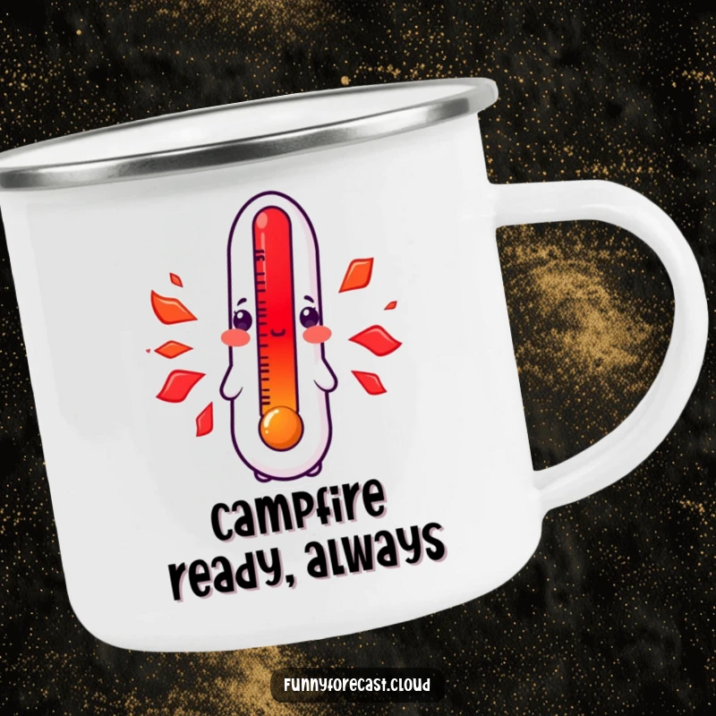 Funny kawaii thermometer camping mug, character blushing bright red with heat, adorable embarrassment, durable and humorous outdoor mug.