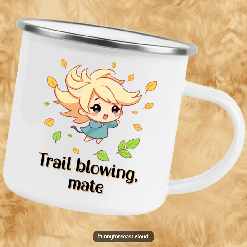 Funny kawaii wind character camping mug, playfully swirling leaves, durable and humorous outdoor mug for adventures.