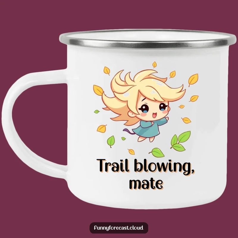 Funny Kawaii Wind Camping Mug: Playful Leaf Swirl Adventure