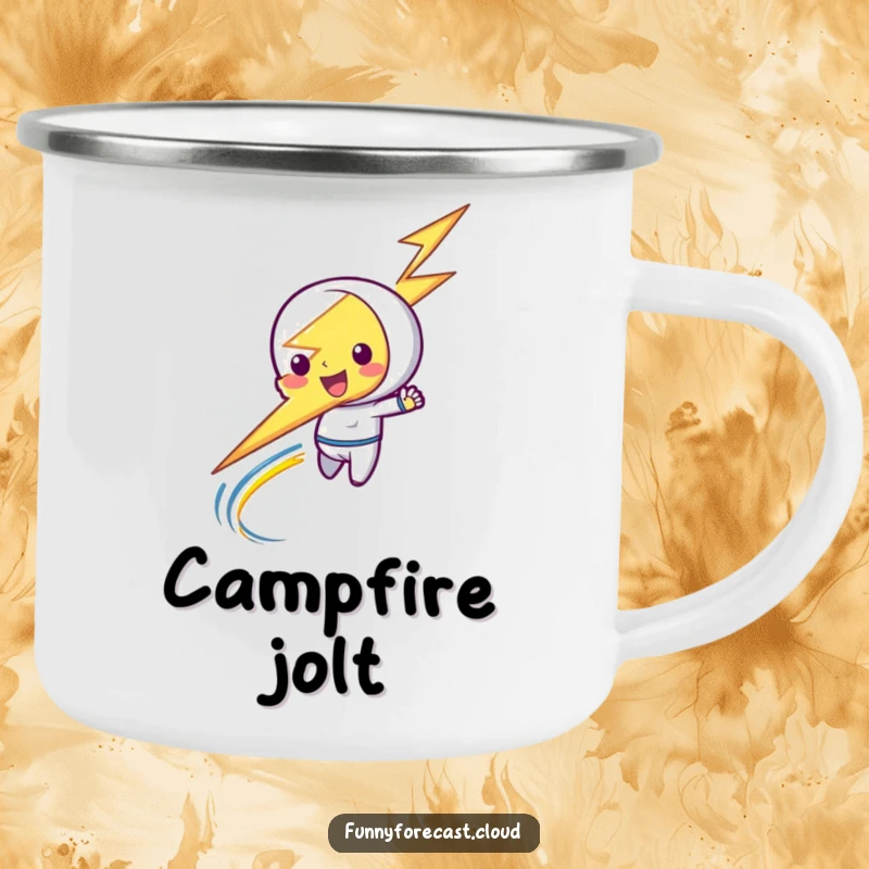 Funny enamel camping mug showing a playful lightning bolt character zipping, ready for any outdoor escapade.