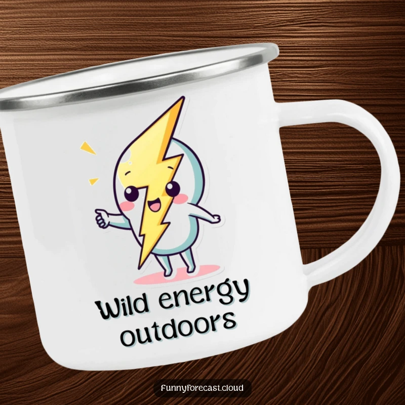 Funny cute lightning bolt character striking a whimsical zig-zag on a camping mug, for outdoor fun.