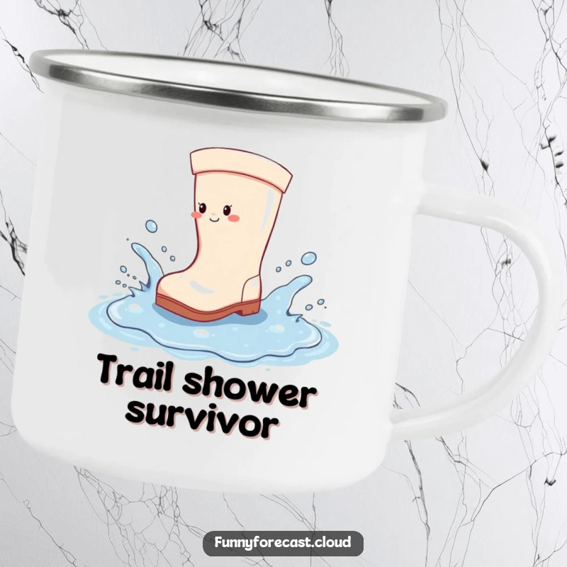Funny Camping Mug: A durable mug featuring a cheerful rain boot splashing in a puddle, ready for outdoor fun.