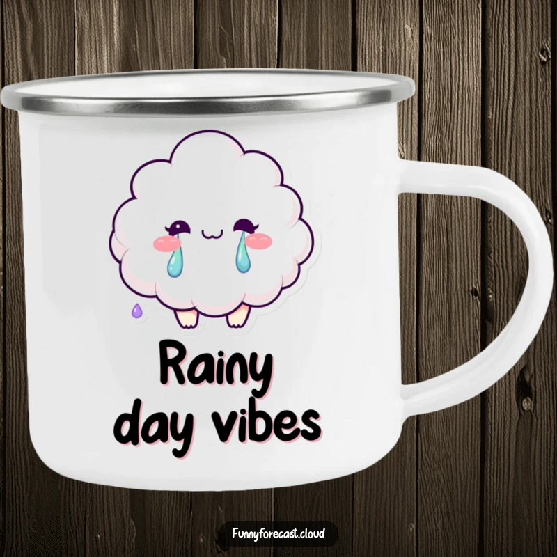 Funny enamel camping mug with a smiling fluffy cloud character crying rainbow tears, for outdoor fun.