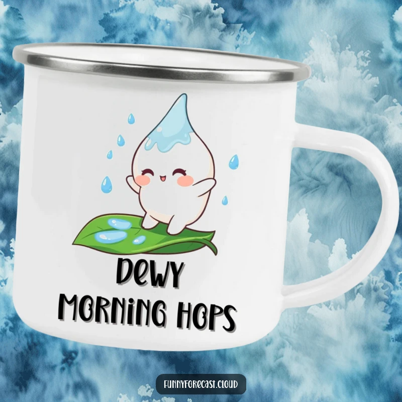 Funny Camping Mug with a cute raindrop character joyfully bouncing on a leaf, ideal for cheerful outdoor adventures.