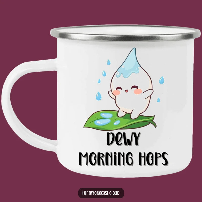 Funny Raindrop Leaf Bouncer Camping Mug: Adventure with Cheerful Character and Warm Drinks