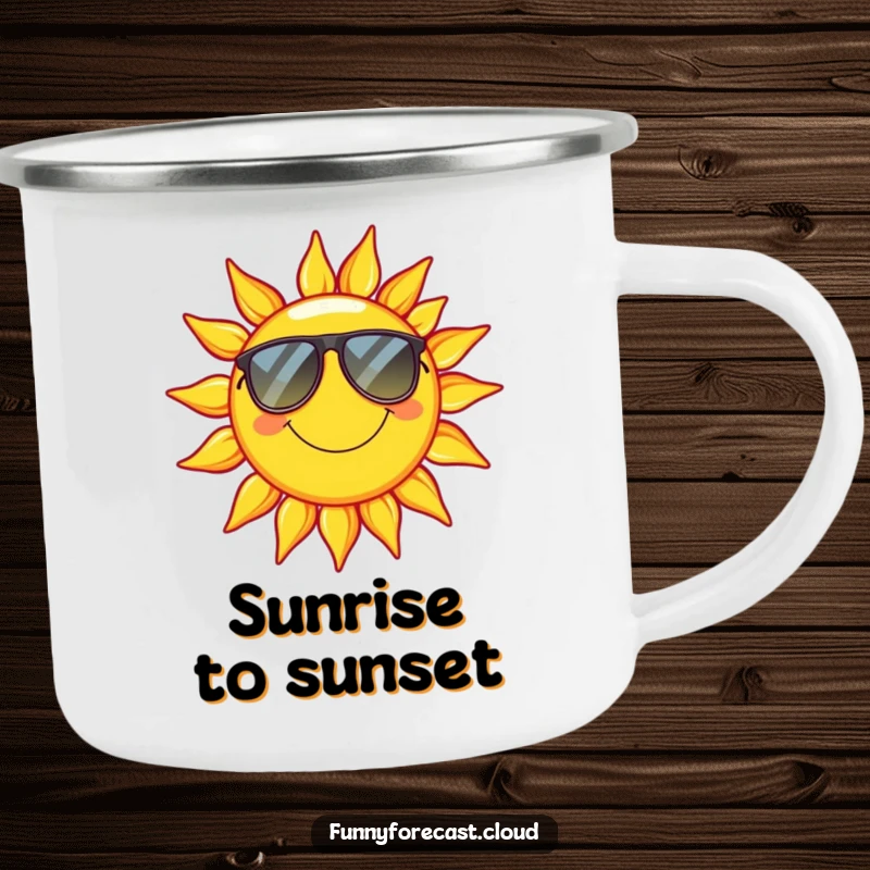 Funny Camping Mug: A durable mug featuring a smiling sun with sunglasses, ready for outdoor enjoyment.