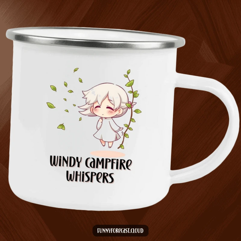 Funny enamel camping mug with a giggling wind character blowing leaves, for outdoor fun.