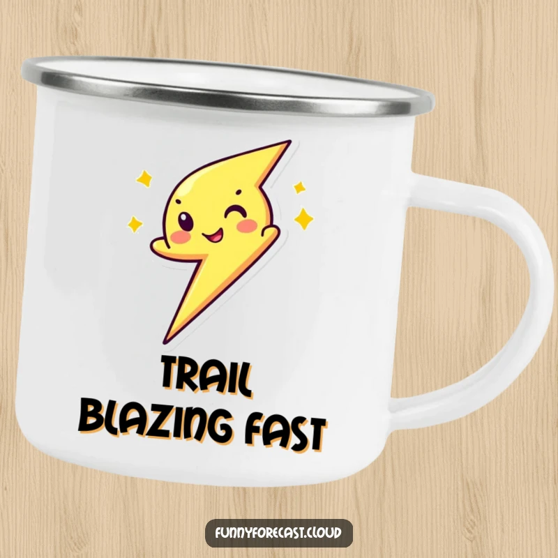 Funny camping mug featuring a zipping lightning bolt character with a wink, ideal for outdoor adventures with a boost of humorous energy.