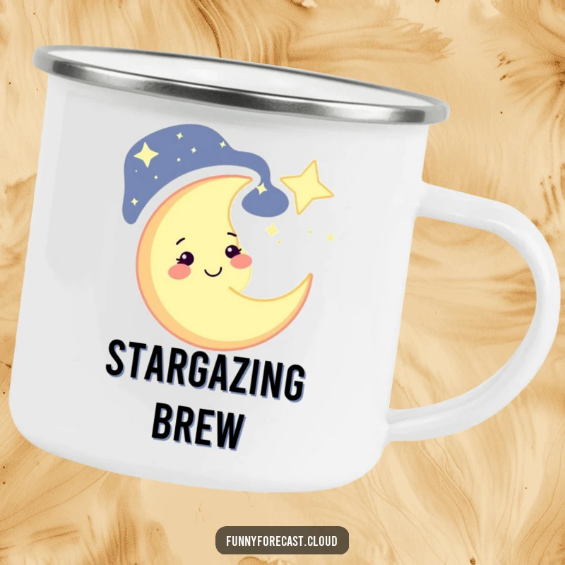 Funny winking crescent moon camping mug, rugged and portable, ideal for outdoor adventures, featuring celestial humor, a funny gift.