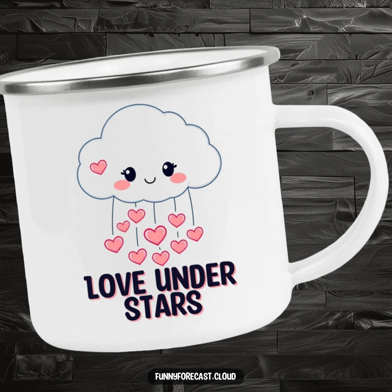 Funny enamel camping mug with a happy raincloud character pouring hearts, for love-filled adventures.