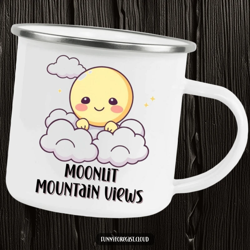 Funny Camping Mug: A happy moon character peeking from behind fluffy clouds, ideal for celestial outdoor sips.