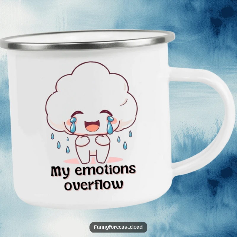Funny Happy Rain Cloud Camping Mug with a cloud crying tears of joy, a cheerful and durable mug for outdoor enthusiasts.