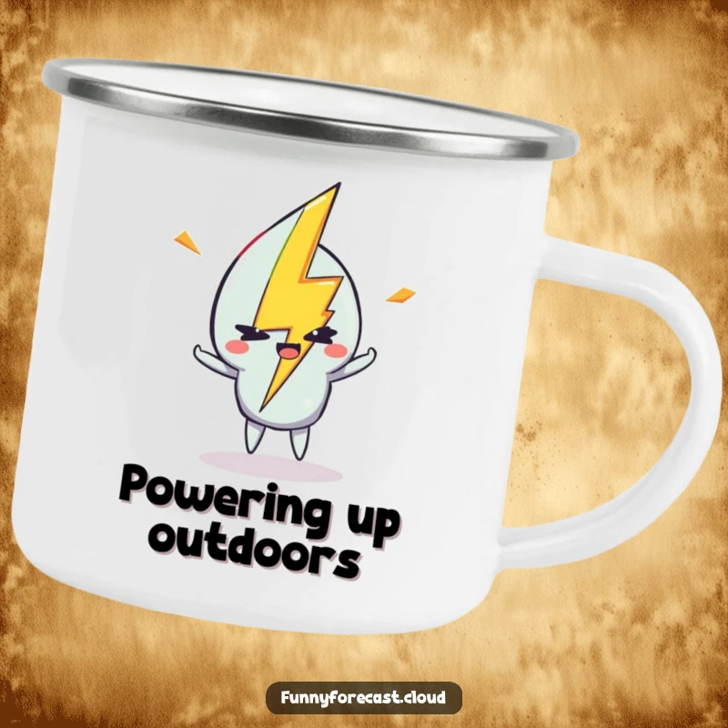 Funny enamel camping mug with a lightning bolt character striking with a mischievous wink, for adventurers.