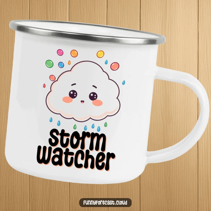 Funny camping mug with a cute cloud character, surprised expression, juggling colorful raindrops, for whimsical outdoor moments.