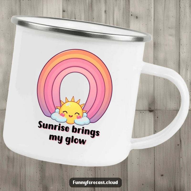 Funny Camping Mug: A smiling sun and a bright rainbow character forming an arch, ideal for outdoor cheer.