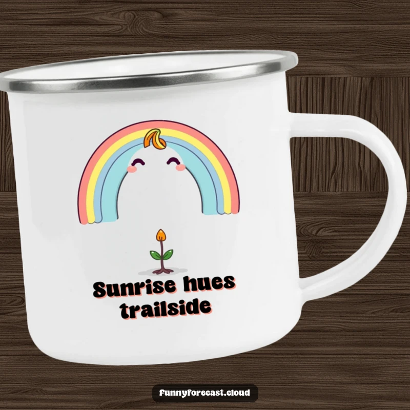 Funny camping mug showcasing a colorful rainbow character creating a protective arch over a small, surprised sprout, ideal for outdoor fun.