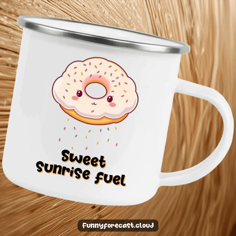 Funny Camping Mug: A durable mug featuring a donut-shaped cloud showering sprinkles, ready for outdoor enjoyment.