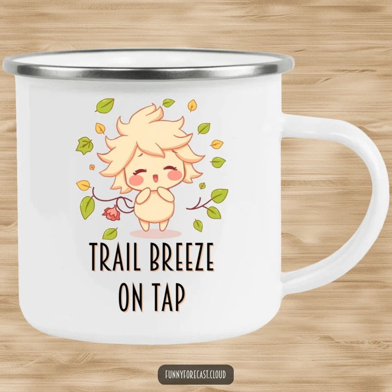 Funny camping mug showing a rosy-cheeked wind character playfully scattering leaves, perfect for outdoor enthusiasts who love humor.