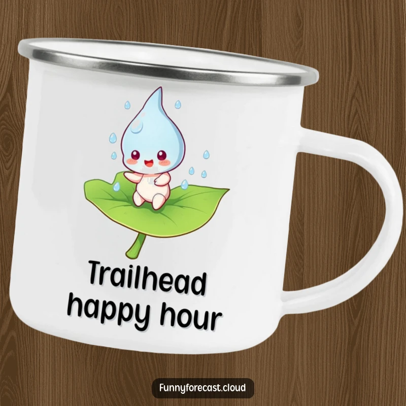 Funny raindrop character gleefully bouncing on a leaf, printed on a durable camping mug for outdoor enjoyment.