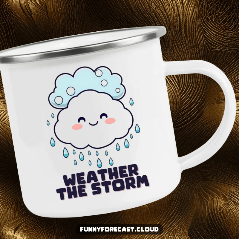 Funny camping mug: A smiling cloud and dancing raindrops ready for outdoor adventures and warm beverages.