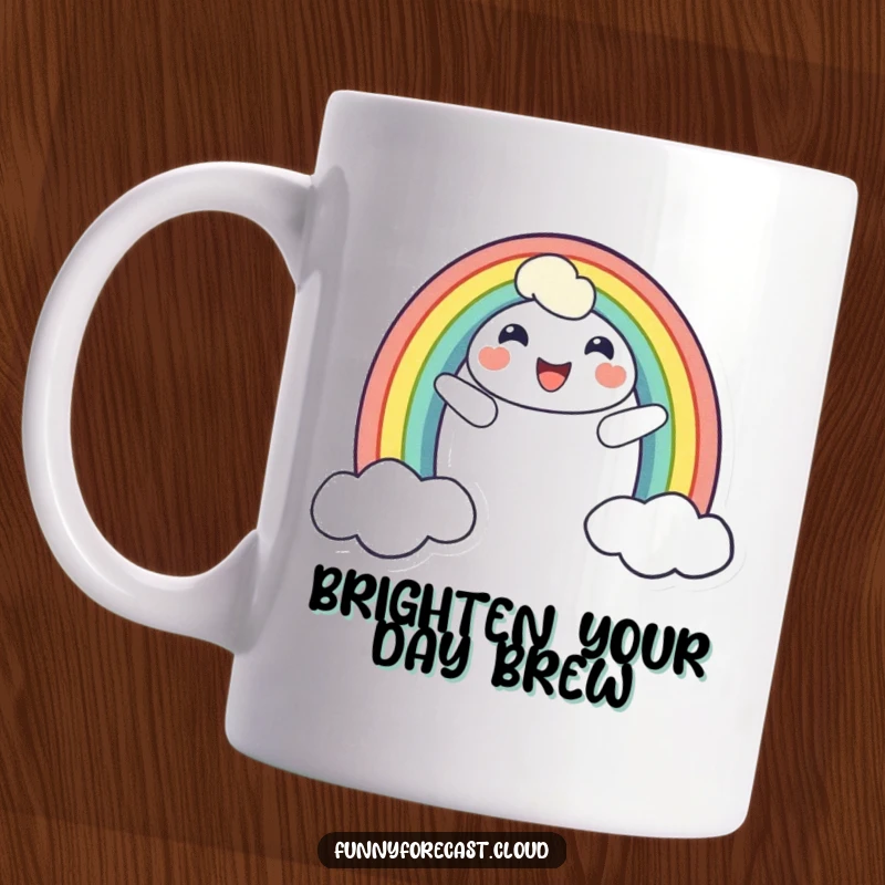 Funny mug with a cheerful cartoon rainbow character smiling brightly, arching across the sky, bringing happy vibes and color.