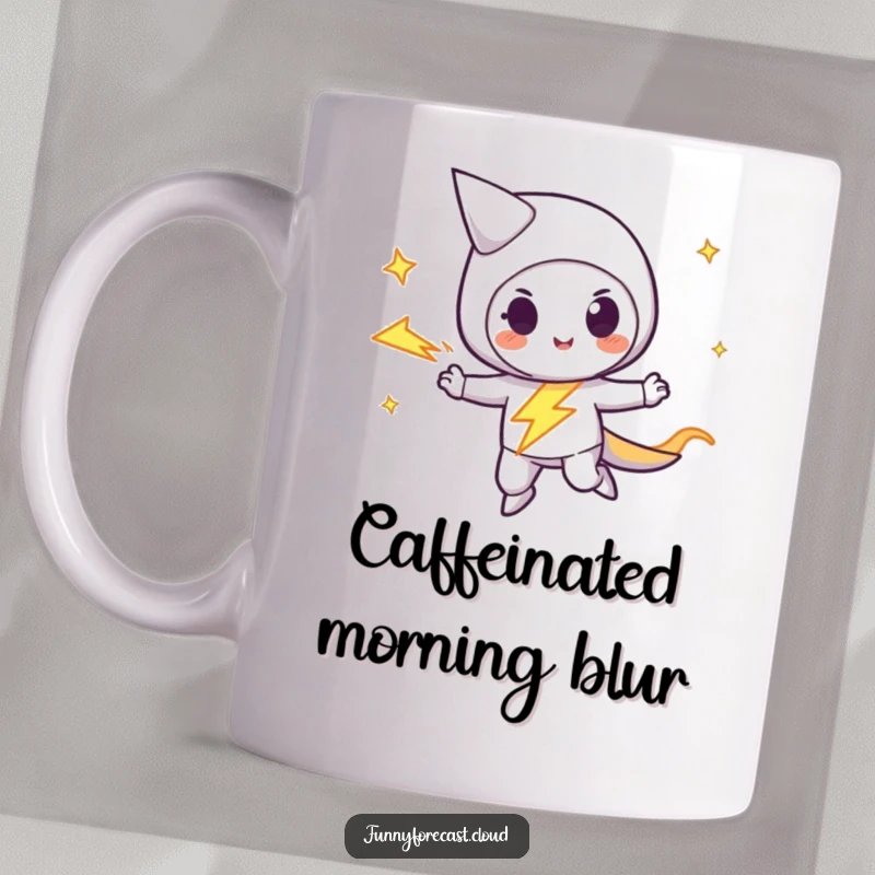 Funny lightning bolt character zipping across with a playful streak, radiating speed and energy, perfect for a fun mug.