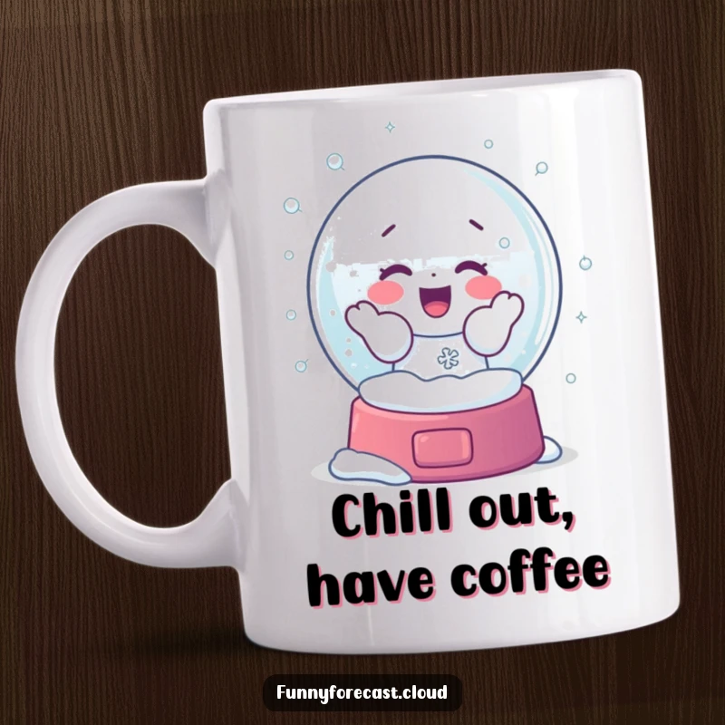 Funny mug depicting a snow globe character energetically shaking itself, releasing a flurry of snowflakes with a look of frosty glee.