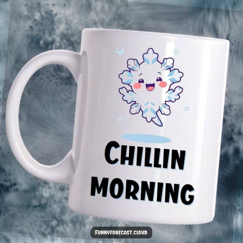 Funny kawaii snowflake character happily dancing and spinning in the air, depicted on a cheerful mug.