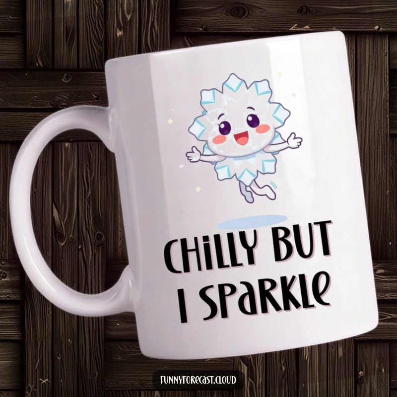 Funny mug featuring a happy snowflake character joyfully twirling, leaving a trail of sparkles, perfect for winter lovers.