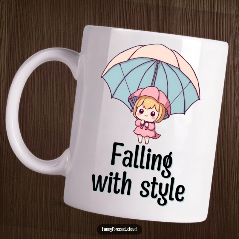 Funny Kawaii Character Mug showing a cute figure safely descending with an umbrella as a parachute, conveying humor and resourcefulness.