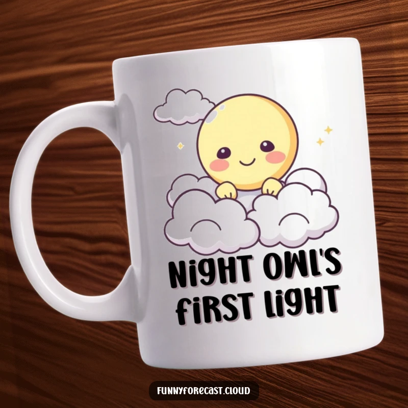 Funny Mug: A smiling, happy moon character peeking from behind soft, fluffy white clouds in a starry sky.