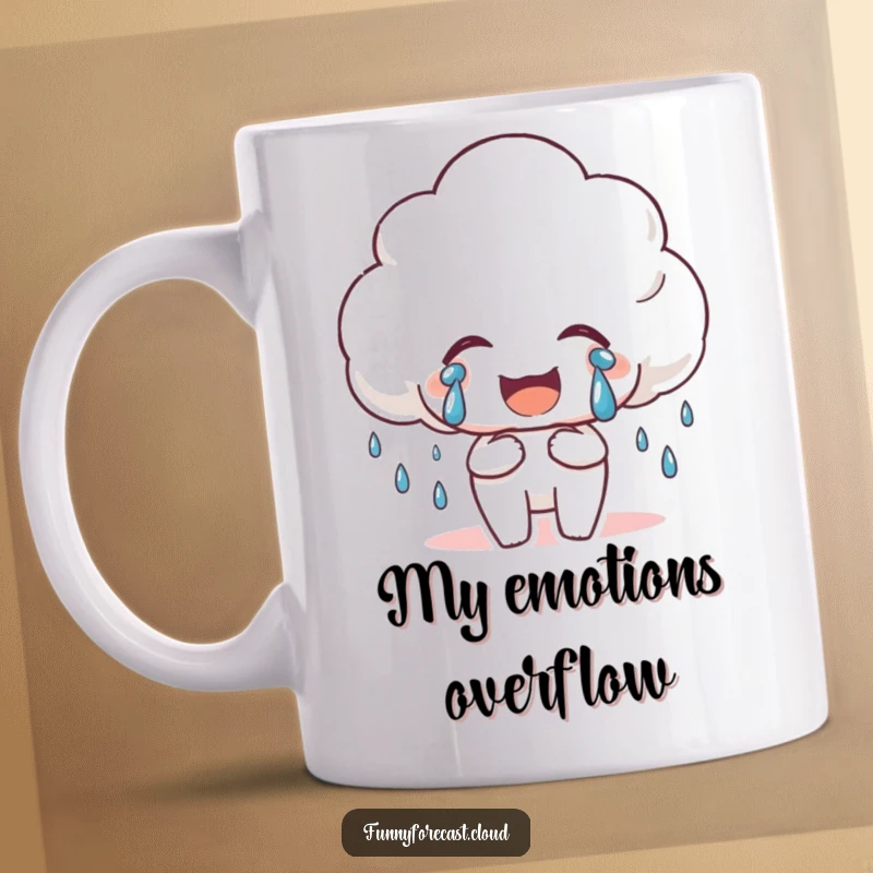 Funny Happy Rain Cloud Mug depicting a cloud crying tears of joy, radiating pure happiness and positive vibes.