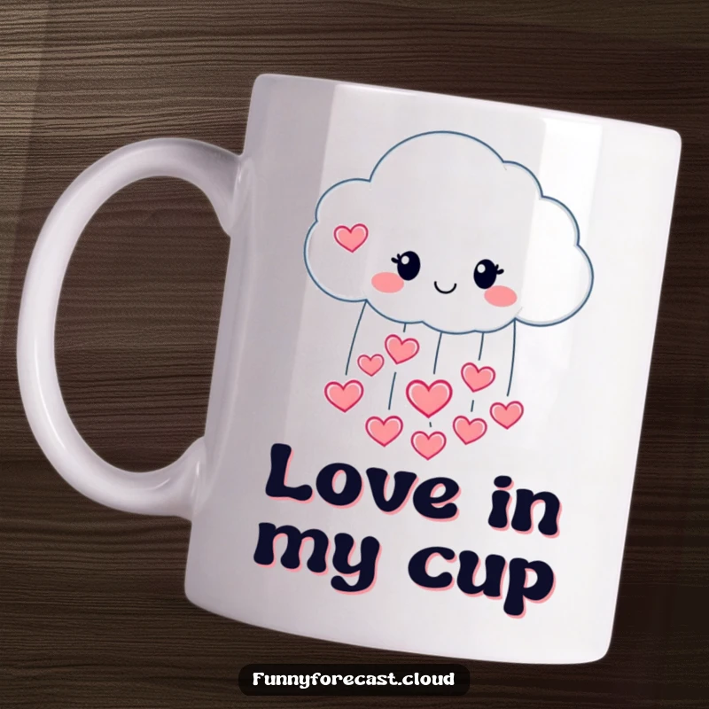 Funny mug with a happy raincloud character pouring hearts instead of raindrops, symbolizing love.