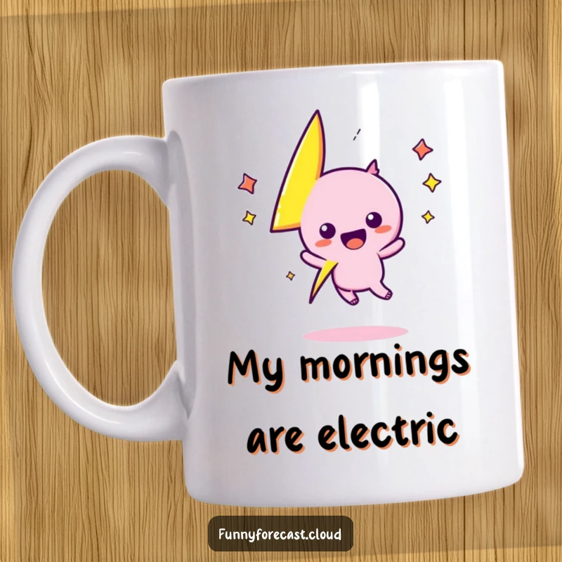 Funny kawaii lightning bolt character zigs and zags with electrifying excitement on this vibrant mug, a perfect funny gift.