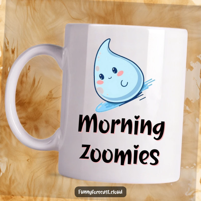 Funny kawaii raindrop character sliding rapidly down a tilted surface, capturing a moment of wet fun on a mug.