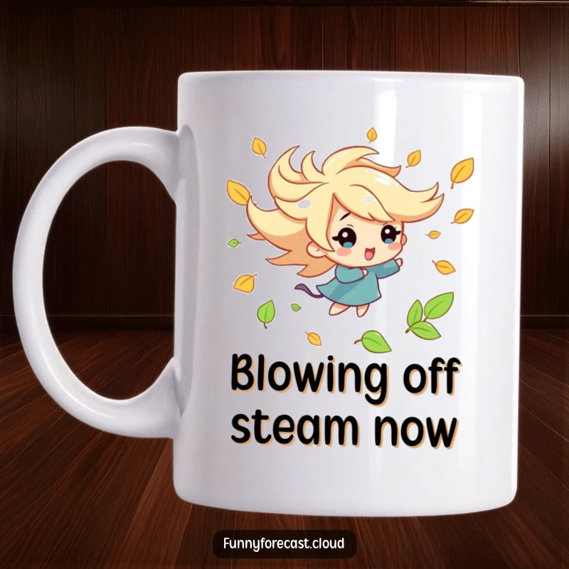 Funny kawaii wind character mug, playfully blowing colorful autumn leaves in a swirl, cheerful and whimsical design.