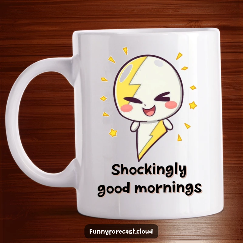 Funny Mug: A lightning bolt character winking mischievously with crackling energy, representing playful mischief.