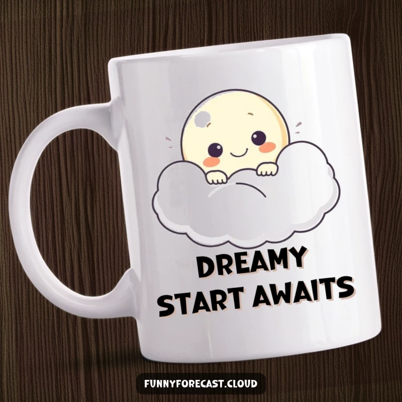 Funny ceramic mug featuring a smiling moon character peeking playfully from behind a soft, fluffy cloud.