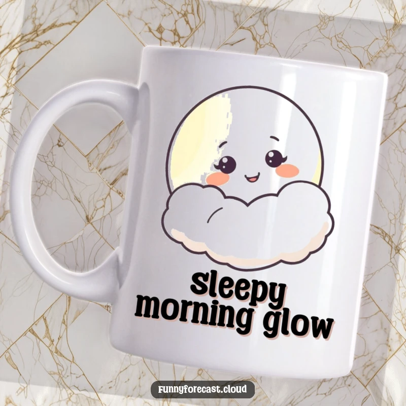 Funny moon character peeking from behind a fluffy cloud, wearing a gentle smile, perfect for a whimsical mug.