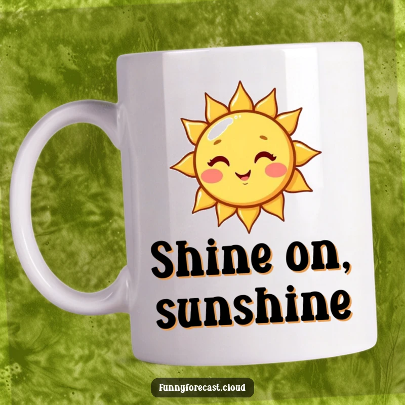 Funny cute kawaii sun character winking playfully, casting a warm beam of light. A cheerful and humorous mug design.