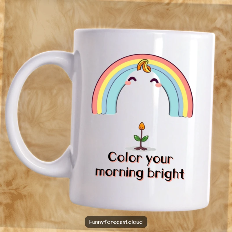 Funny mug with a cheerful rainbow character gracefully arching over a tiny, wide-eyed, surprised sprout, symbolizing growth and wonder.