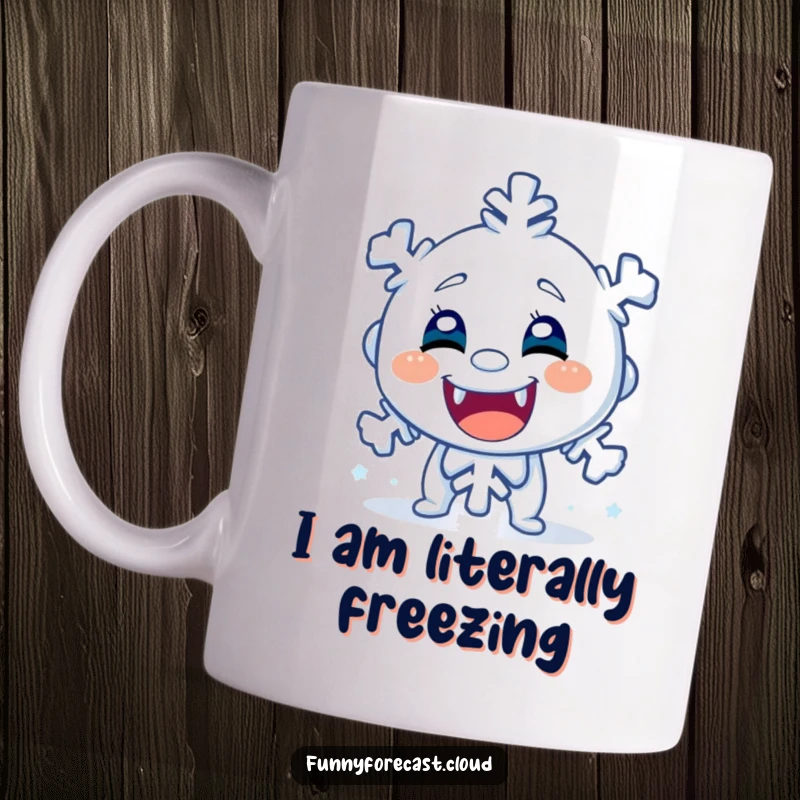 Funny mug featuring a cartoon snowflake character shivering uncontrollably, chattering teeth, conveying a hilarious sense of cold for winter lovers.