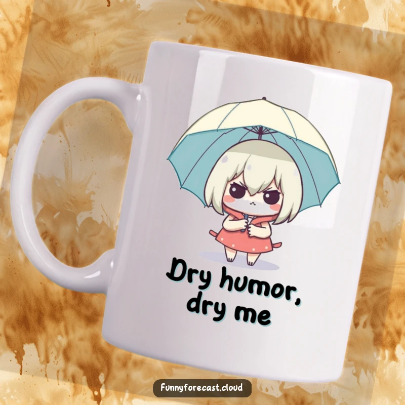 Funny Smug Umbrella Mug showing a character looking dry and smug under an umbrella, symbolizing cleverness and preparedness.