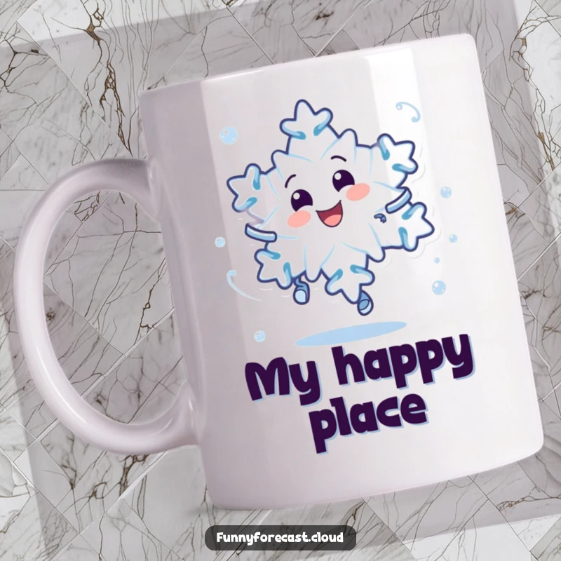 Funny mug featuring a delighted snowflake character in a dizzying, joyful spin, perfect for winter humor enthusiasts.