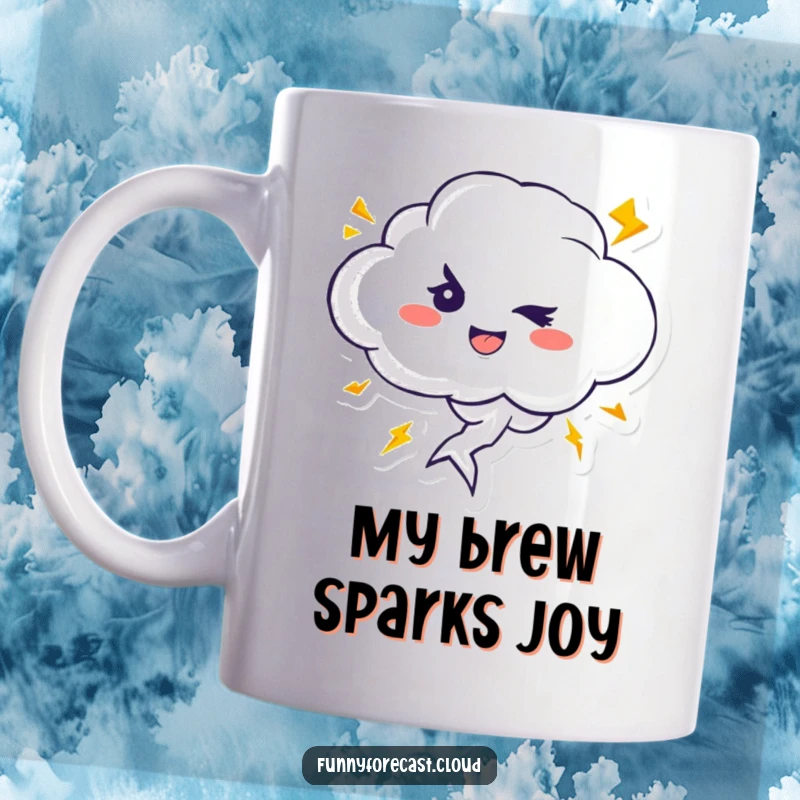 Funny mug featuring a cute, mischievous thundercloud character winking, with small lightning bolts zipping playfully around it.