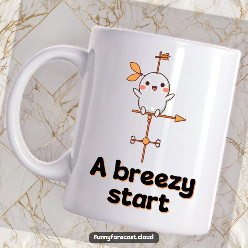 Funny weather vane character cheerfully spinning in a gentle breeze on a mug, representing change and joy.