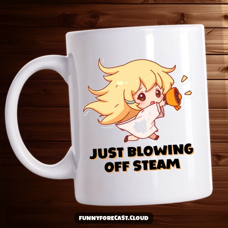 Funny Wind Gust Mug showing a character being powerfully blown away by a gusty wind character, conveying a sense of fun chaos.